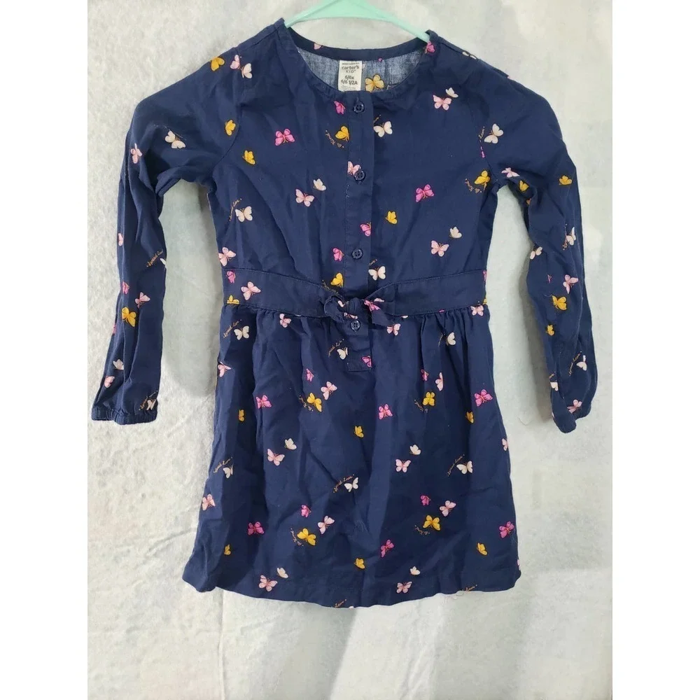 Carter's navy blue/butterflies size 6 dress. Faux tie detail.